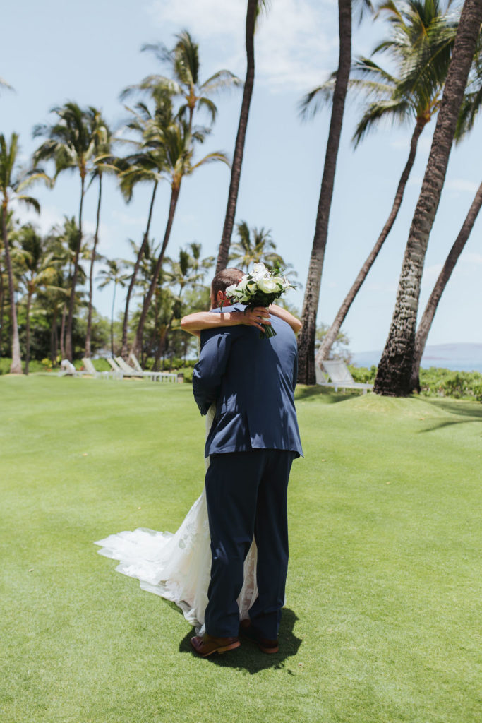 bride and groom first look in maui hawaii