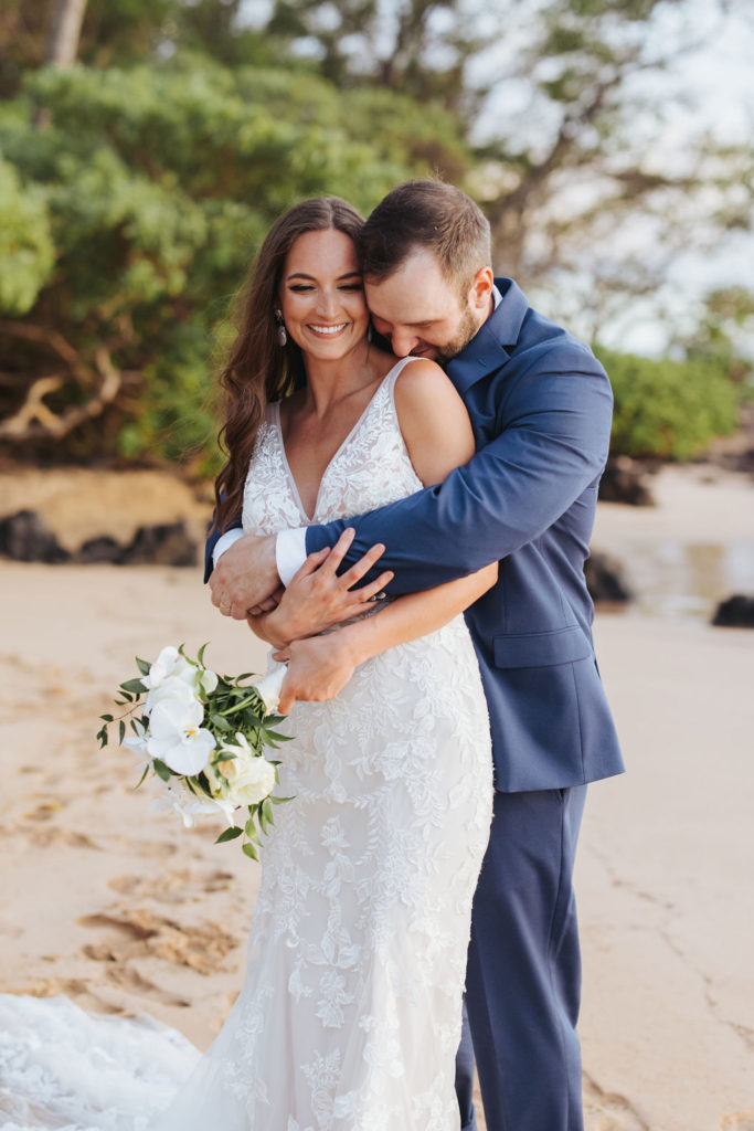 bride and groom portraits on a beach in maui