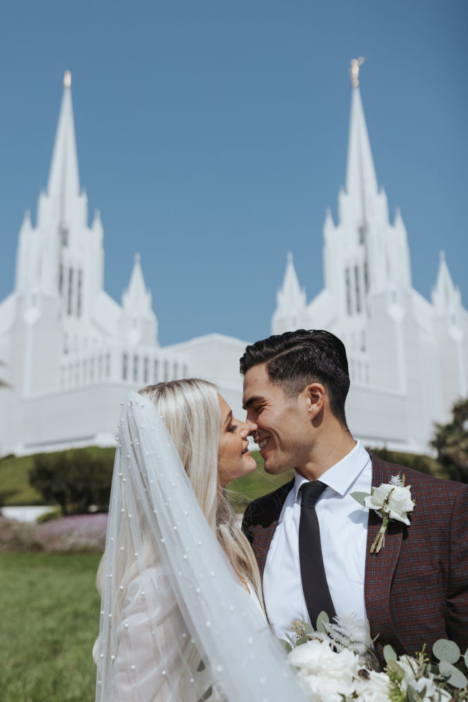 bride and groom portraits at san diego temple wedding