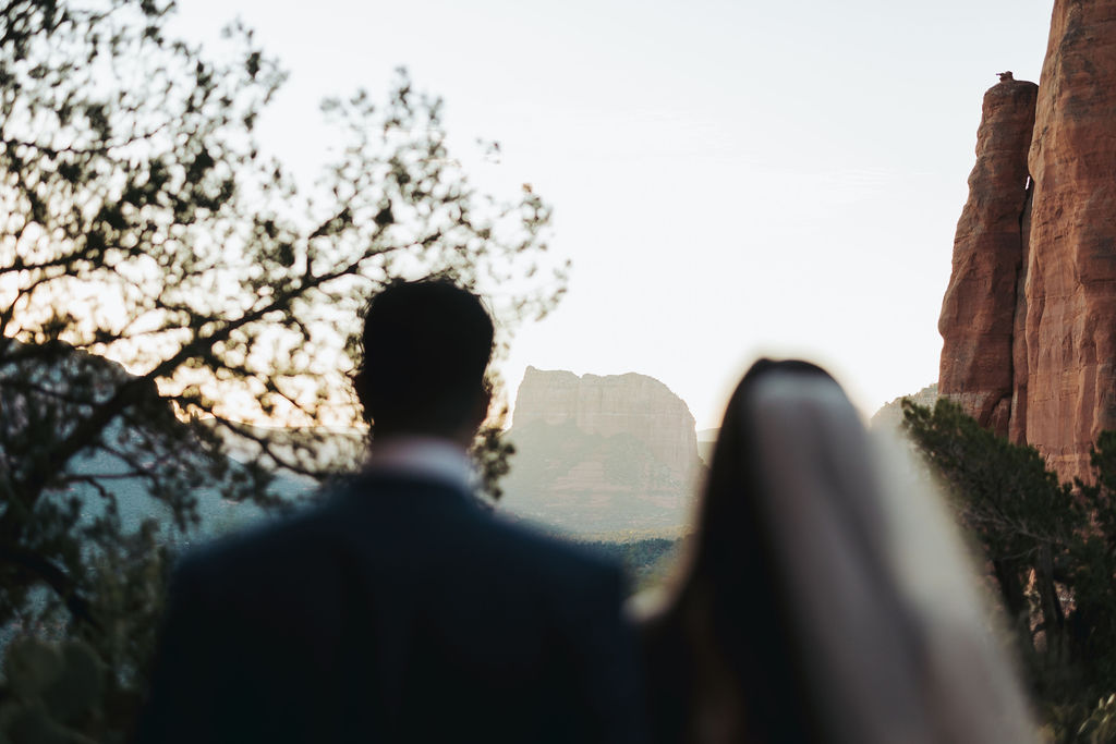 bride and groom portraits in cathedral rock arizona