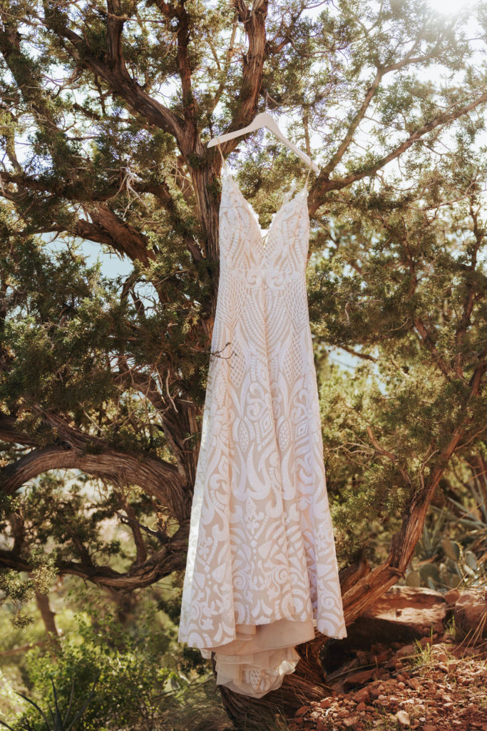 wedding dress hanging from tree in cathedral rock arizona