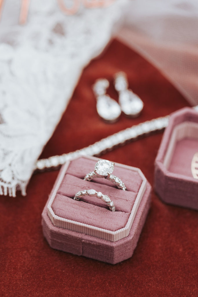 wedding rings in pink ring box