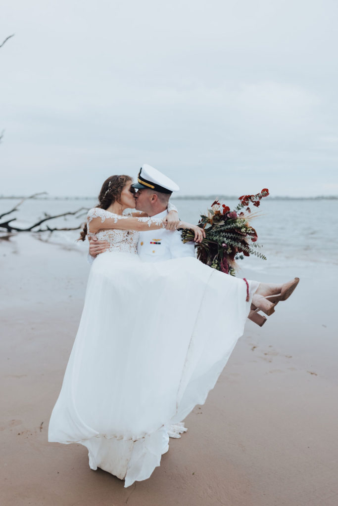 bride and groom portraits on the beach