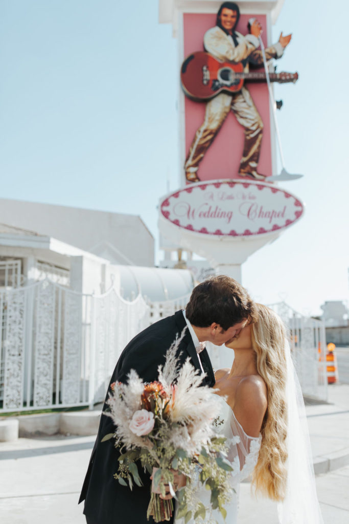 bride and groom at little white wedding chapel in las vegas