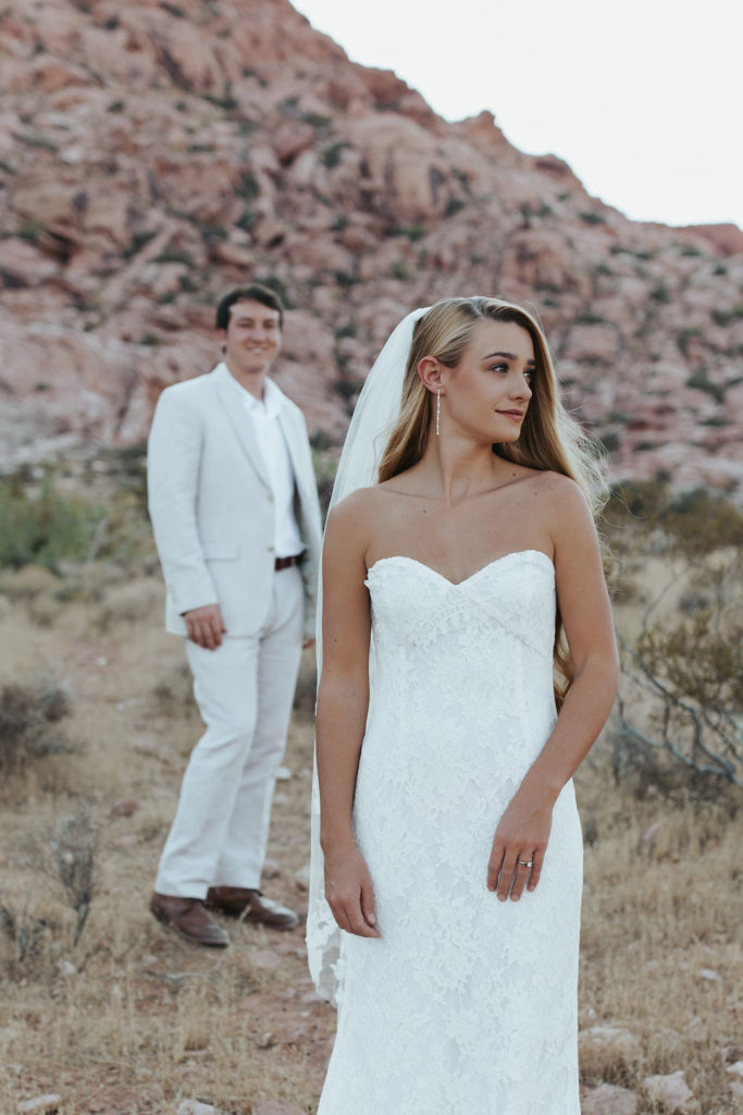 bride and groom portraits in las vegas desert