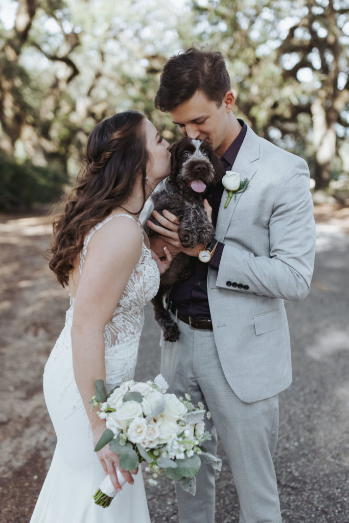 bride and groom portraits with dog in mobile alabama