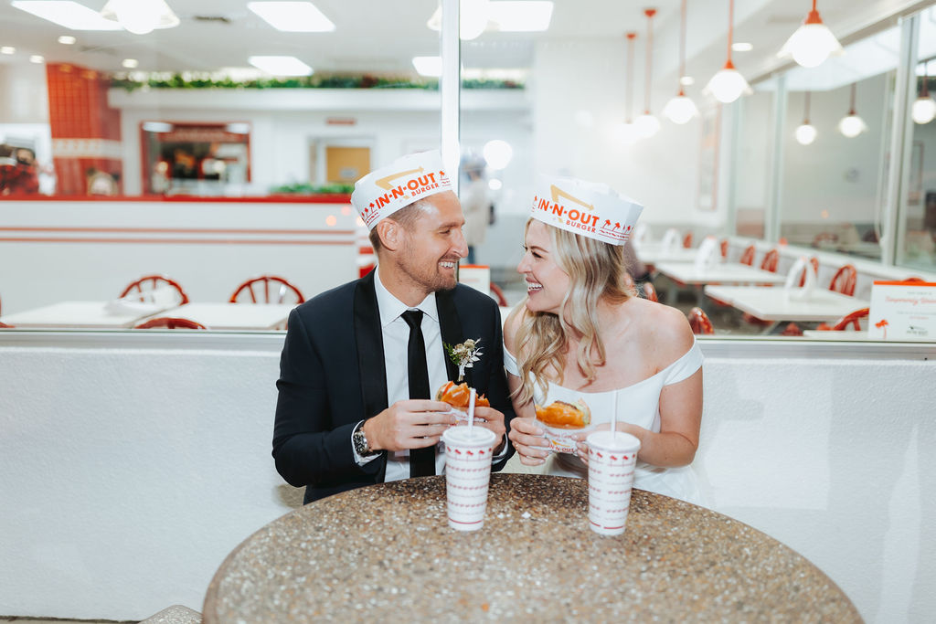 bride and groom at in n out burger after los angeles wedding