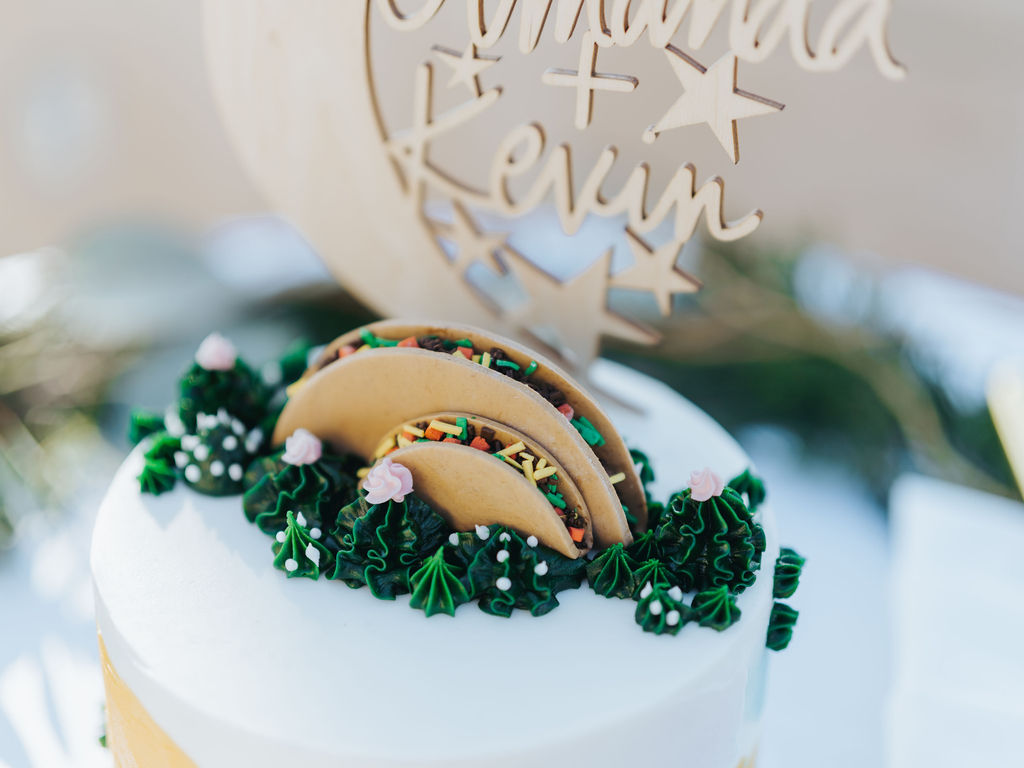 southern california wedding cake with taco decorations
