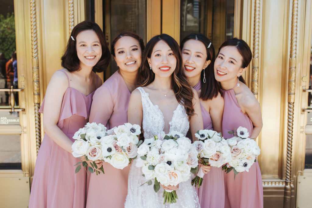 bride with bridesmaids in downtown chicago