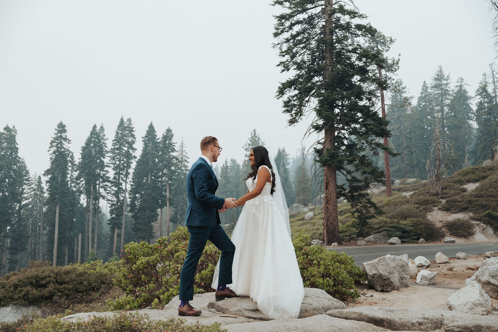 bride and groom first look in yosemite