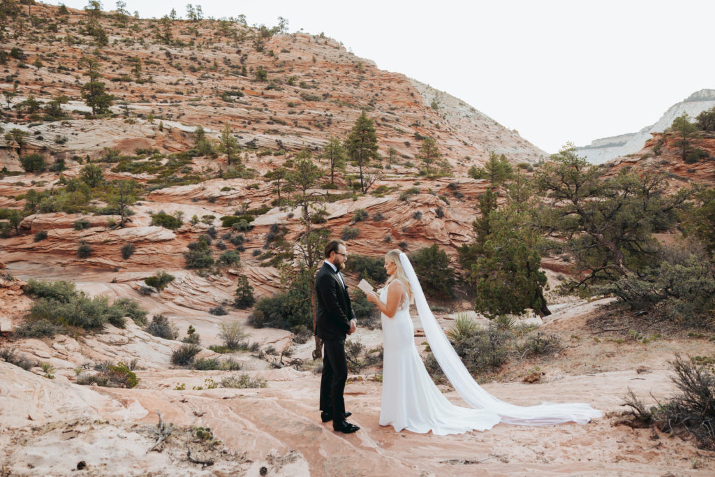 bride and groom exchanging vows in zion national park
