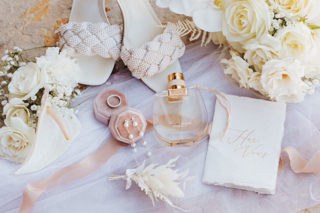 utah wedding shoes, jewelry perfume, flowers, and vow book