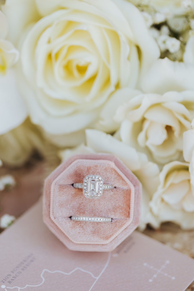 bridal rings in pink velvet ring box