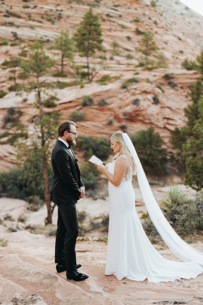 bride and groom exchanging vows in zion national park