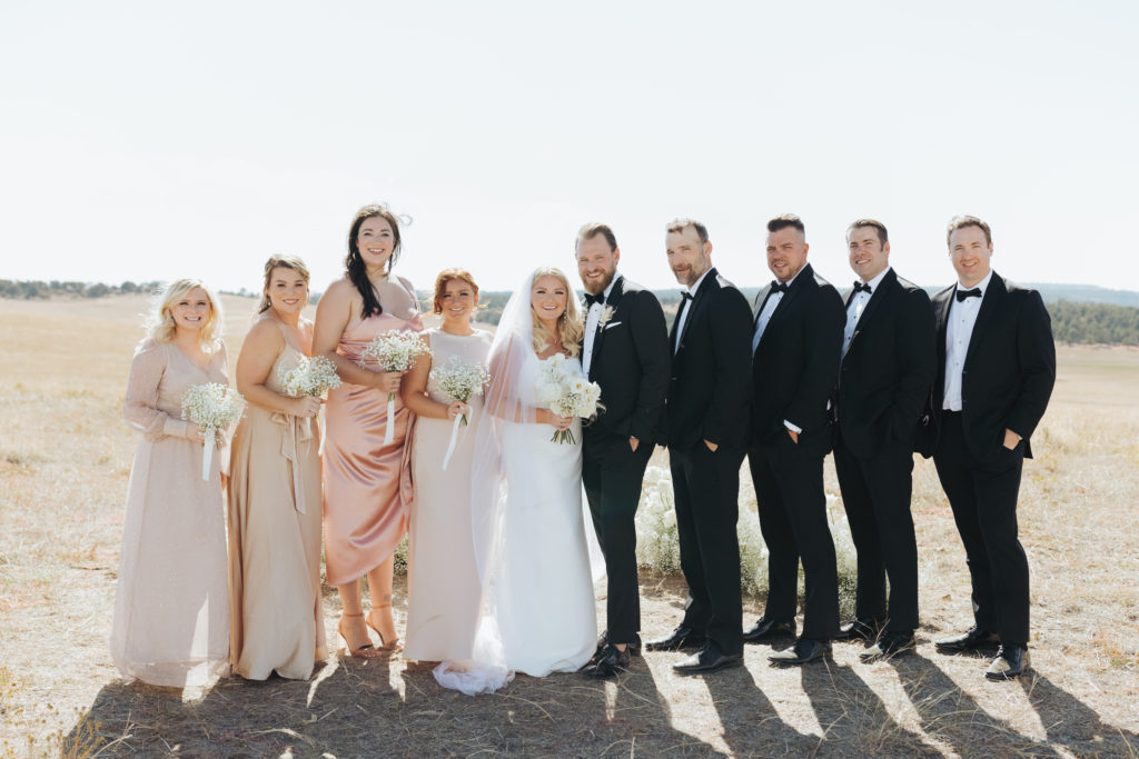 bride and groom with wedding party in utah wedding