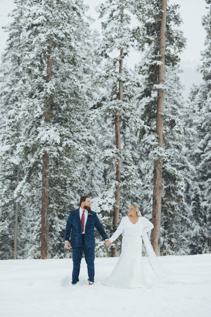 bride and groom portrait in front of snowy trees