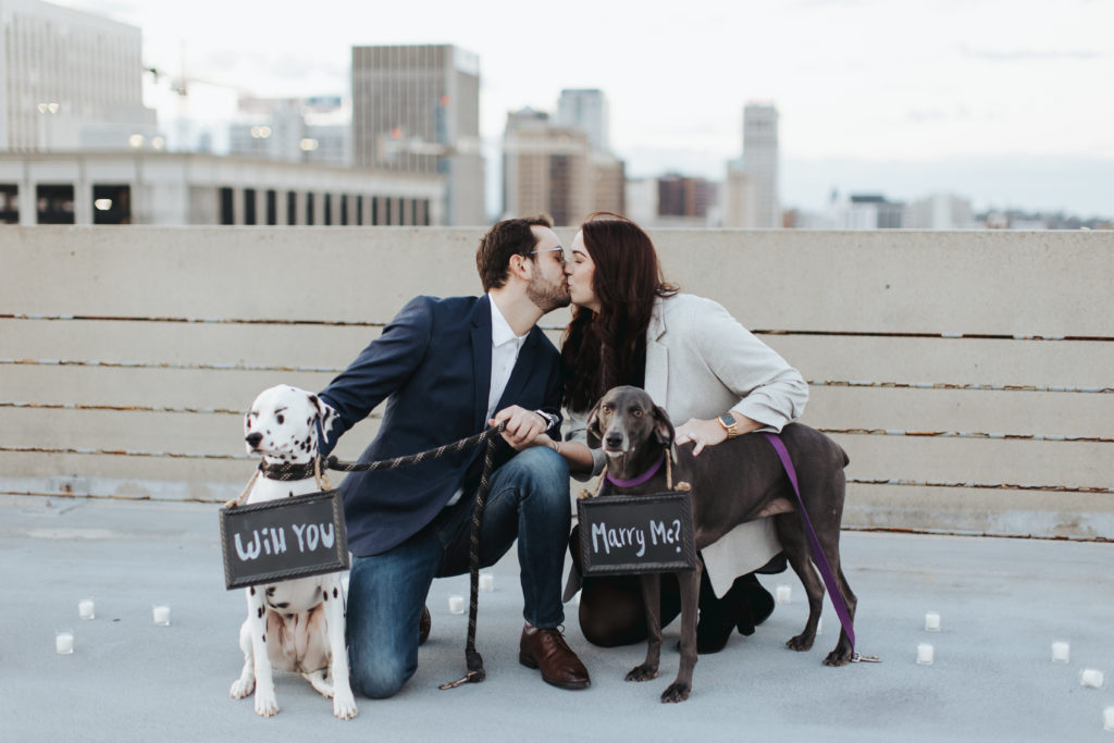 engaged couple with two dogs at birmingham rooftop proposal