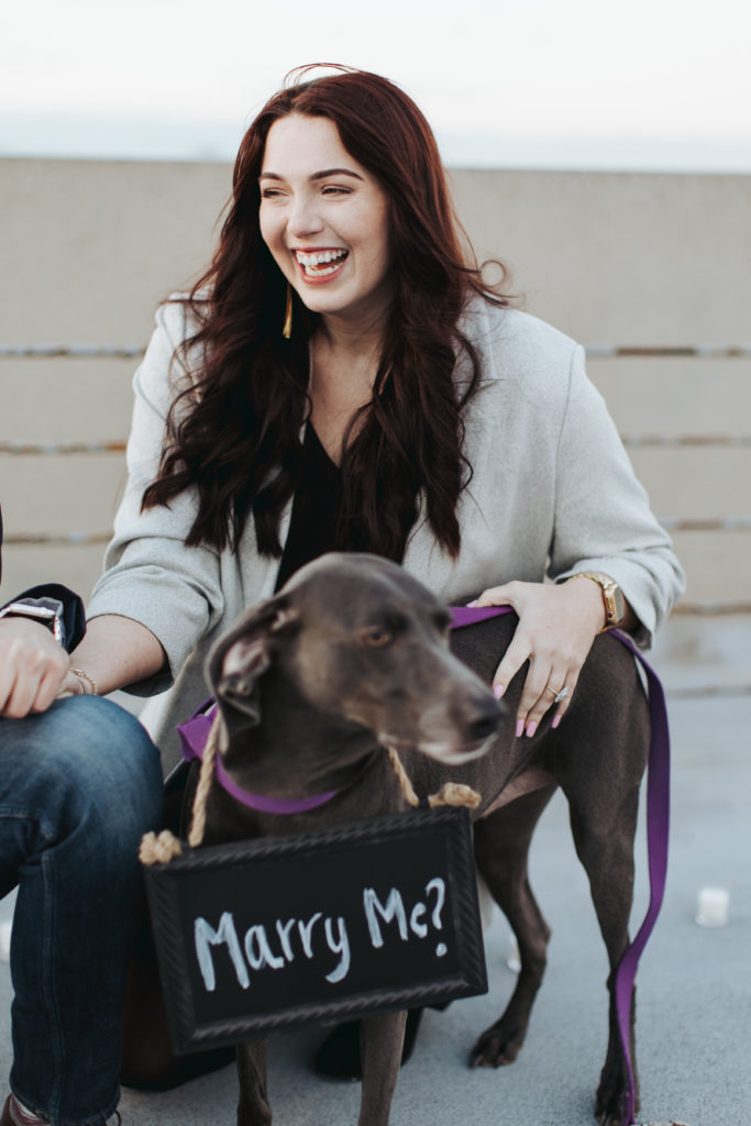 woman with dog wearing "marry me" sign