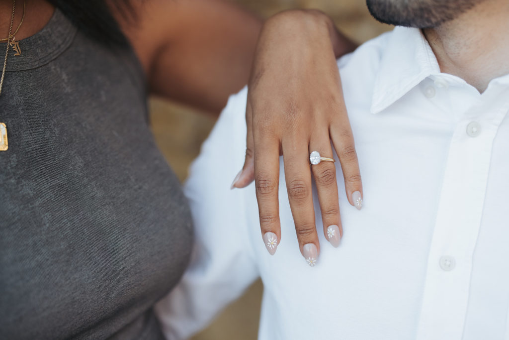 engagement portrait with engagement ring and nail art