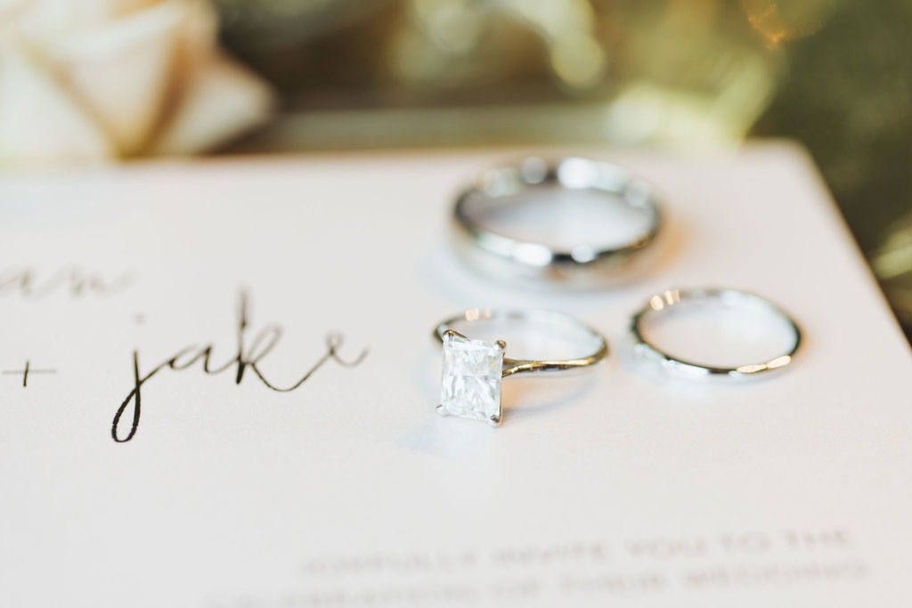 wedding rings displayed on wedding invitation
