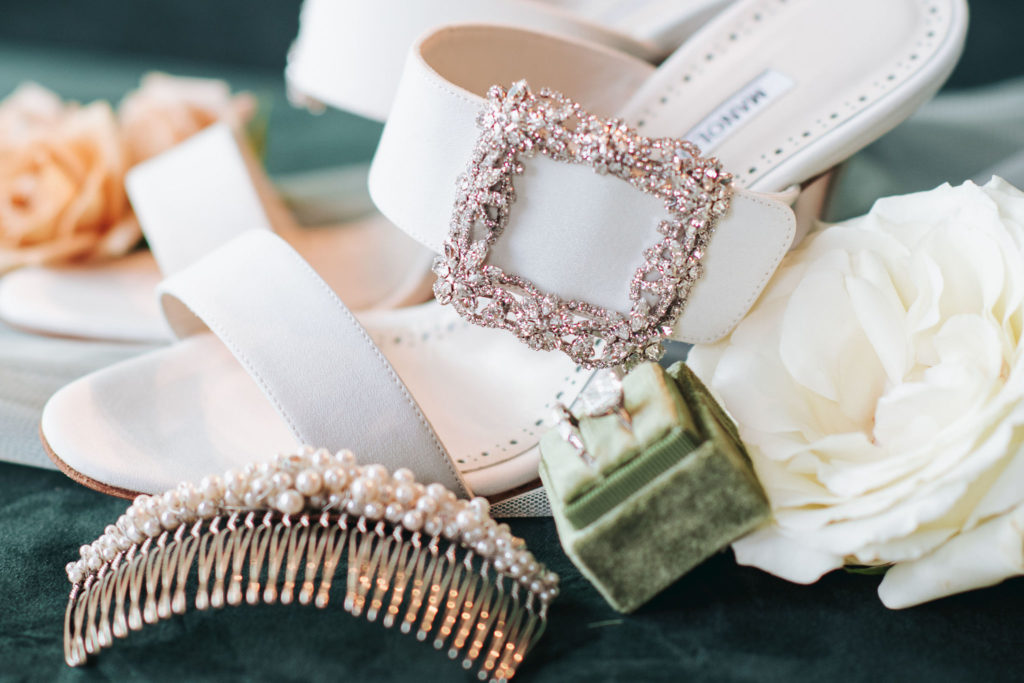 manolo bridal heels with hair piece and rings