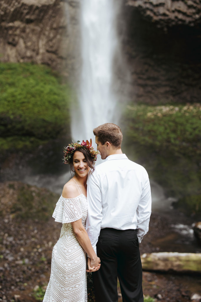bride and groom portraits at oregon waterfall elopement