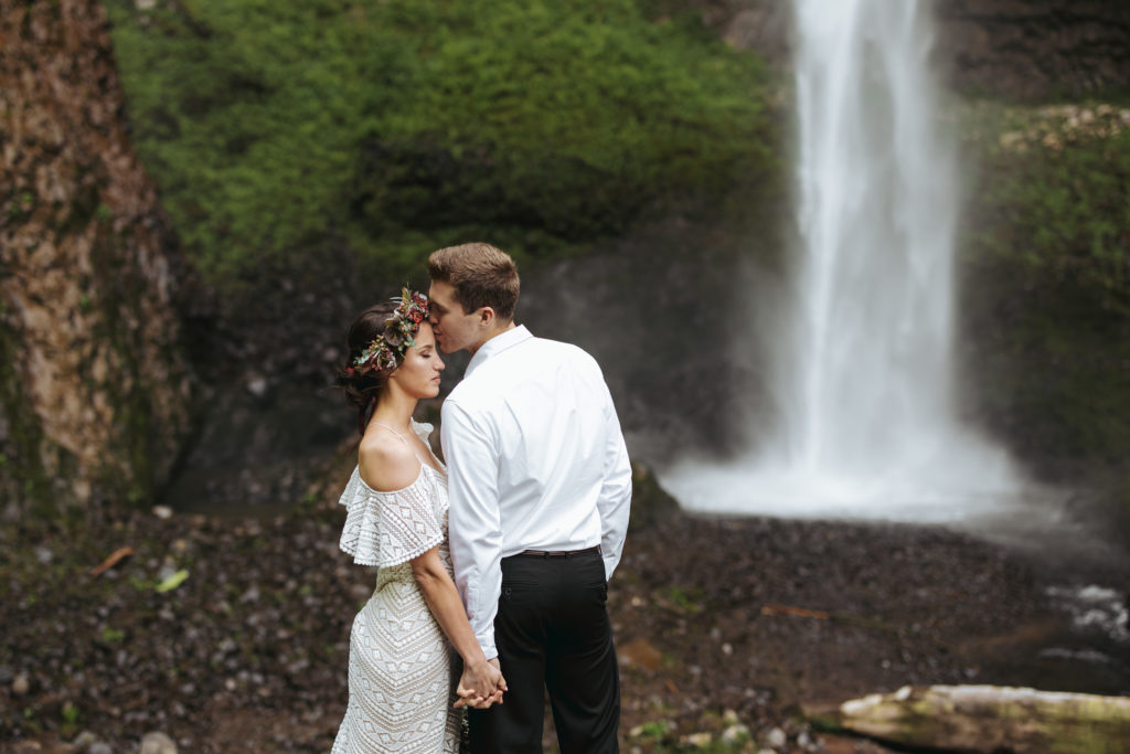 bride and groom portraits at oregon waterfall elopement