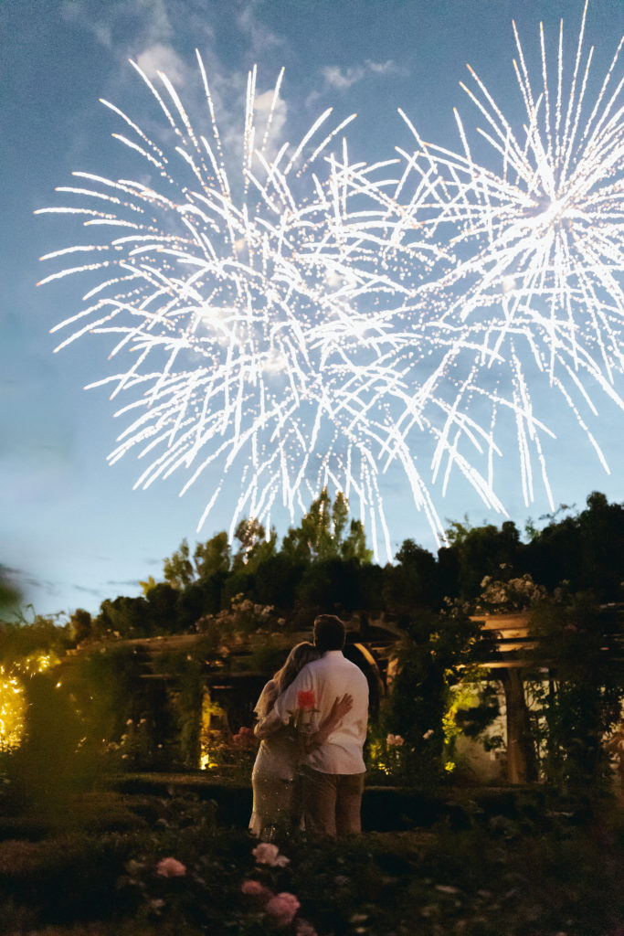bride and groom at wedding reception with fireworks show