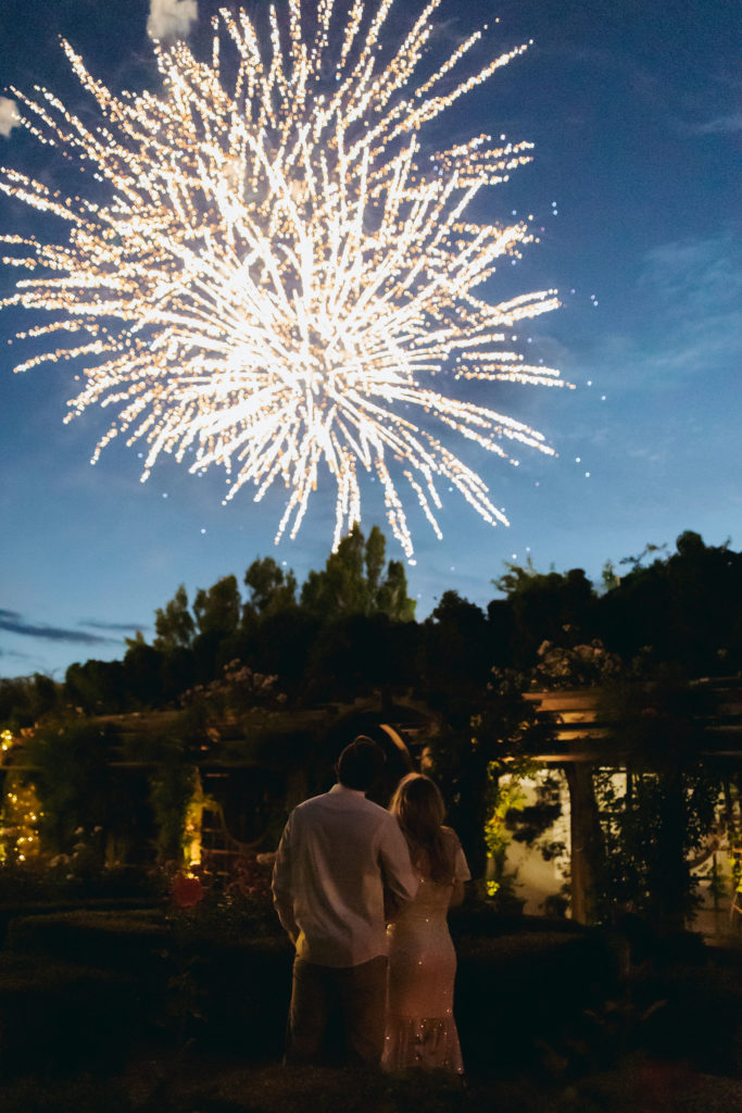 bride and groom wedding reception fireworks show