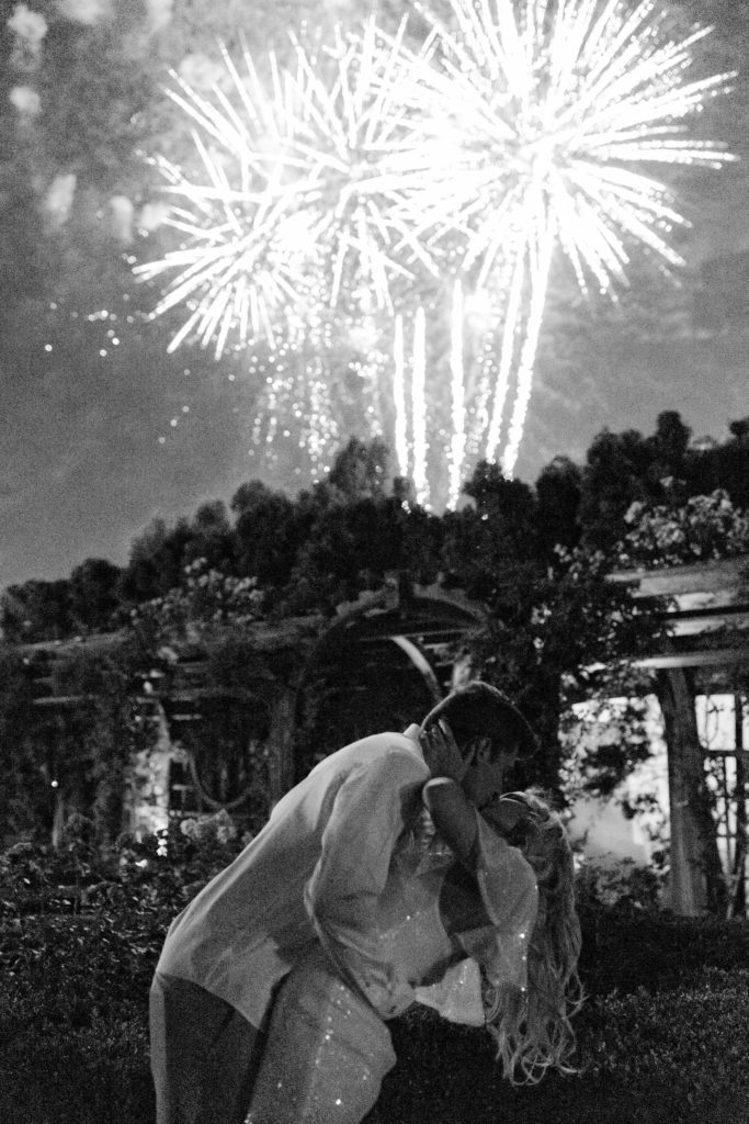 bride and groom wedding reception fireworks show