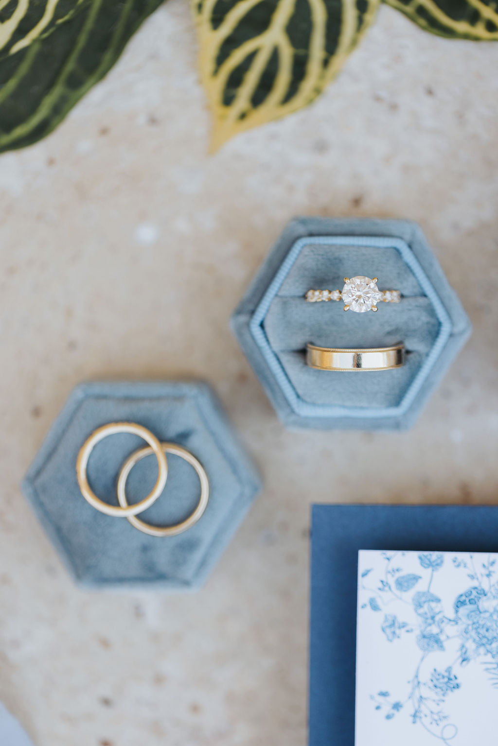 Wedding rings in blue velvet boxes