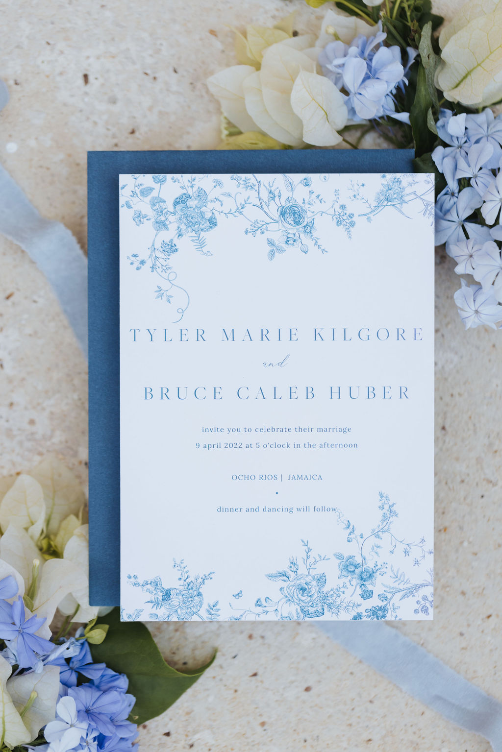 blue and white wedding invitation