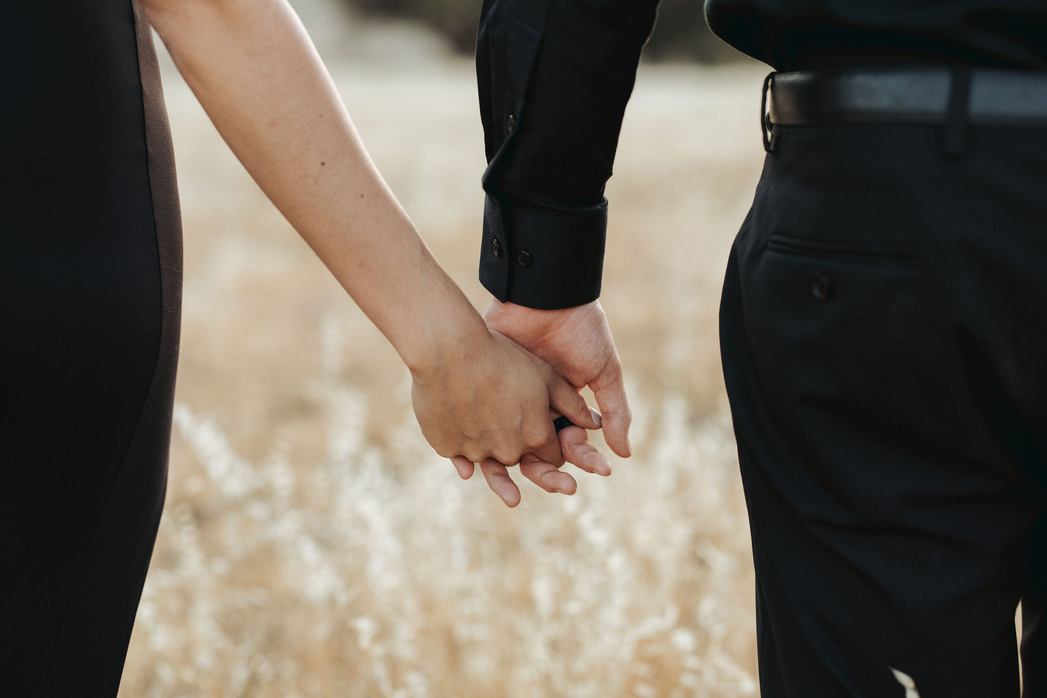 couple holding hands in a field
