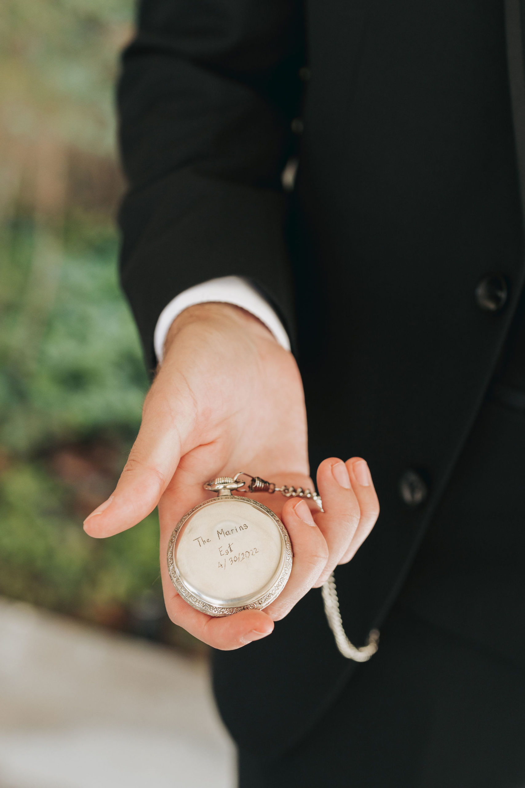 engraved pocket watch wedding gift before wedding ceremony in temecula california