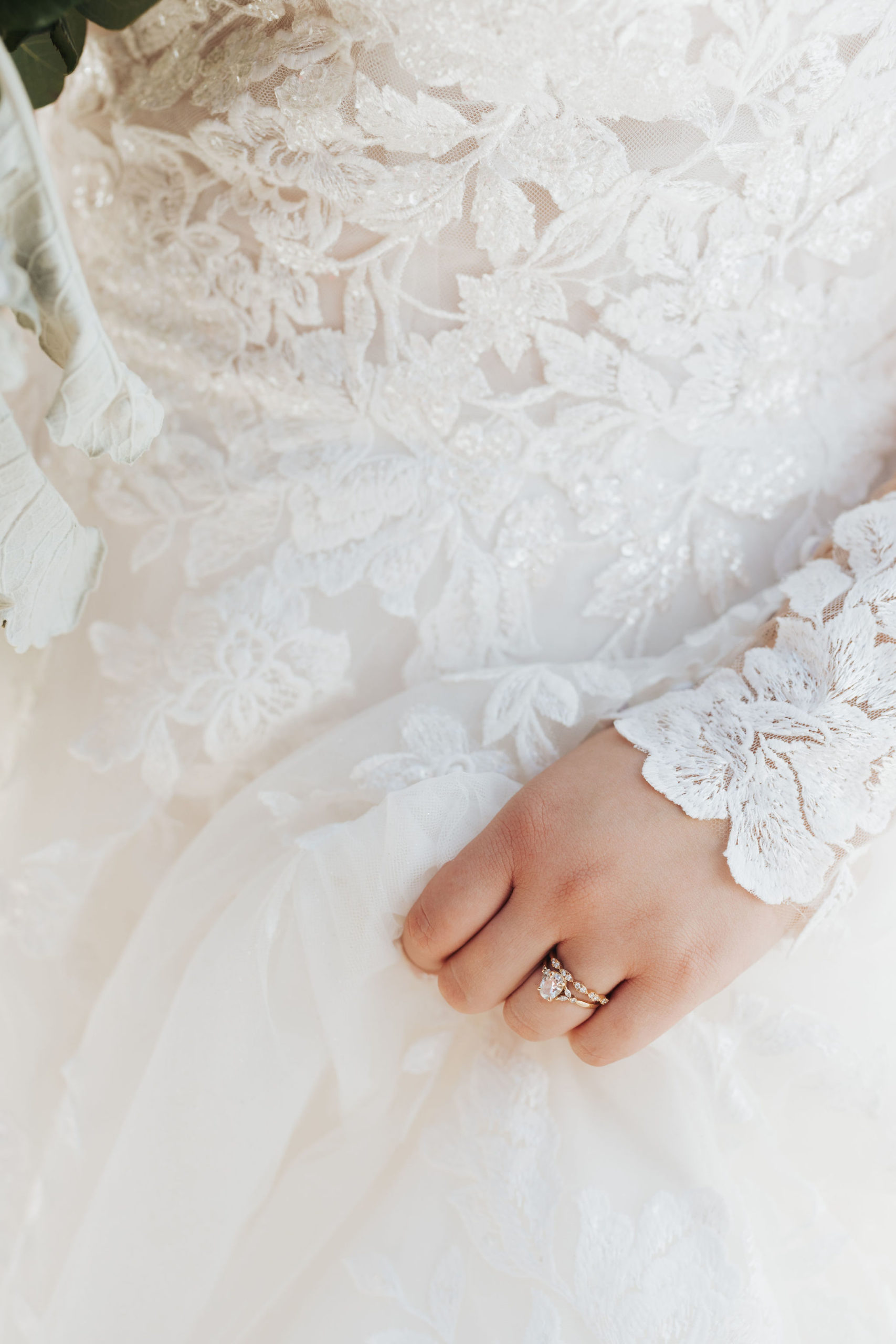 bride wedding dress sleeve details and ring