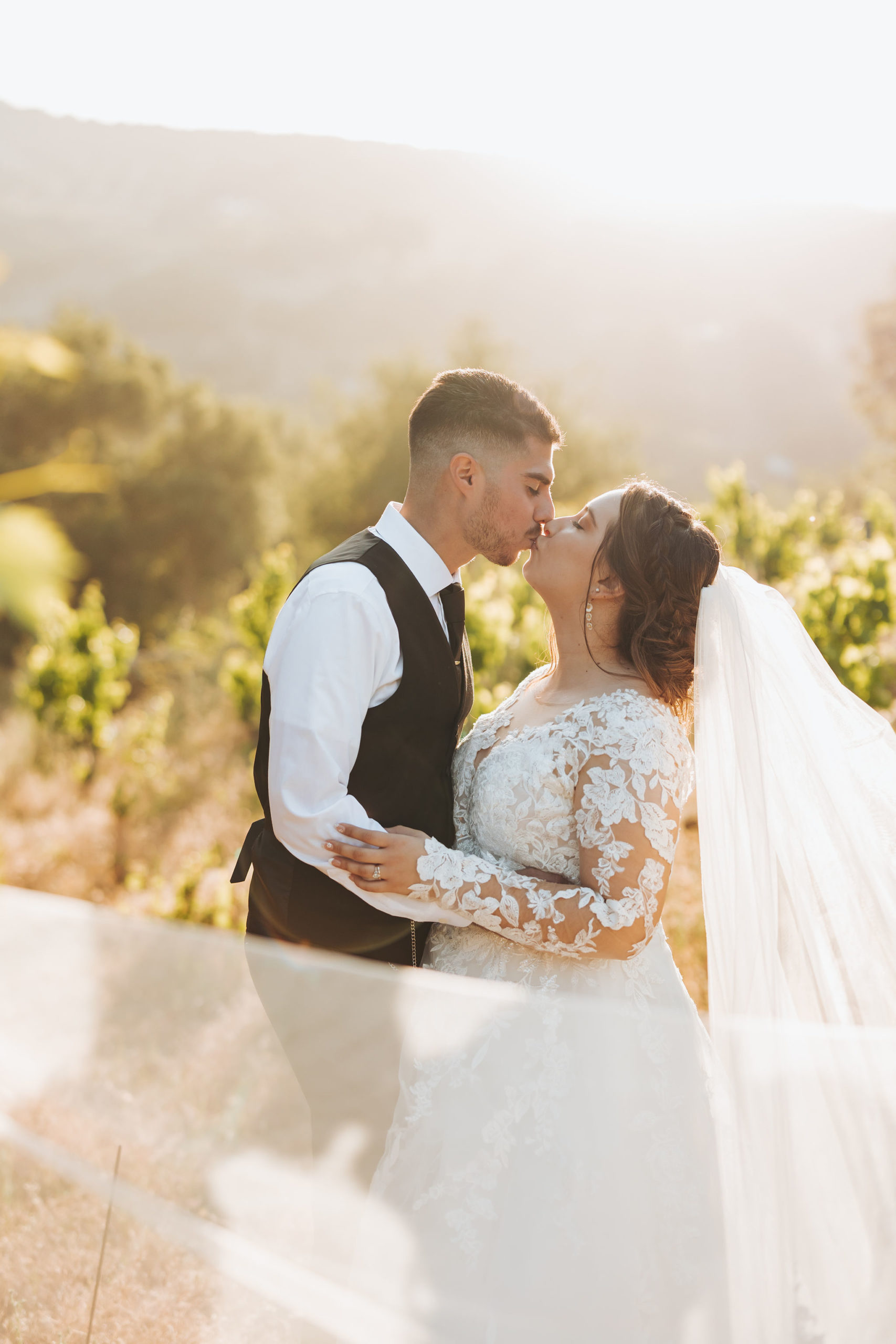 bride and groom kissing in california vineyard