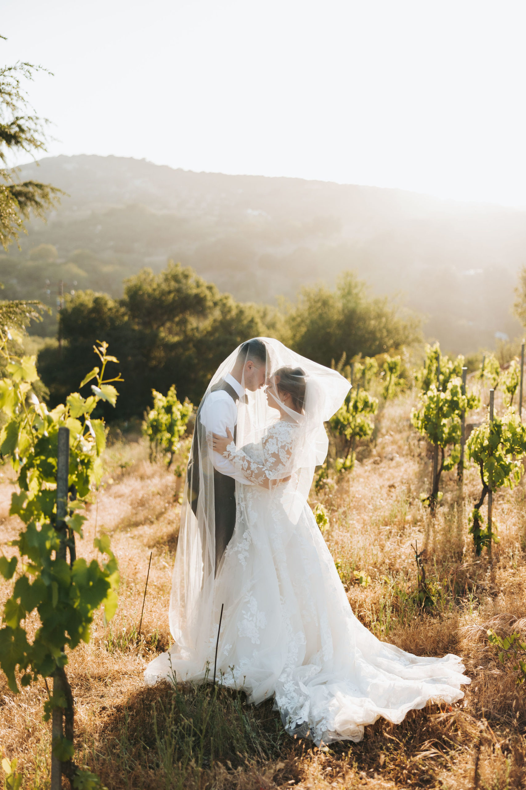 bride and groom kissing in Temecula 
 california vineyard