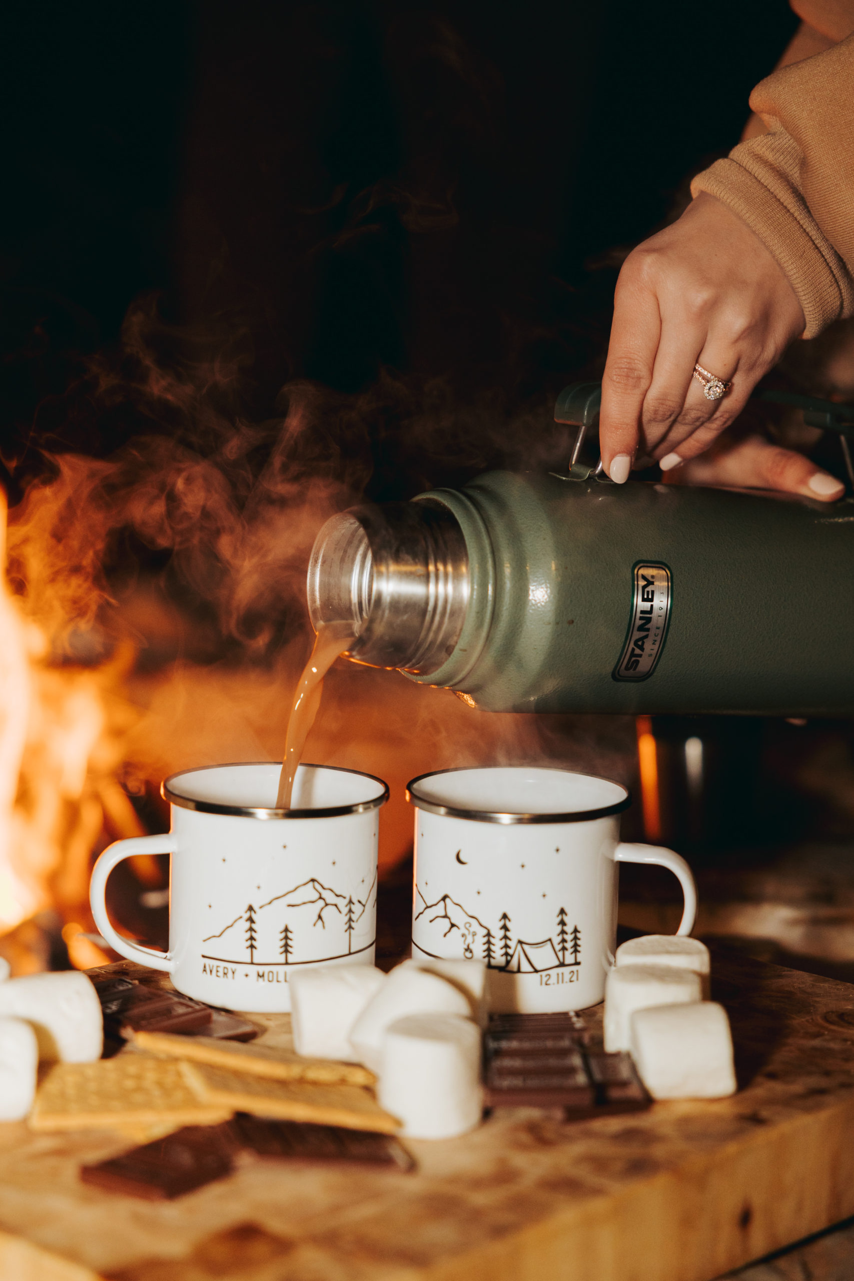 smores and coffee around campfire