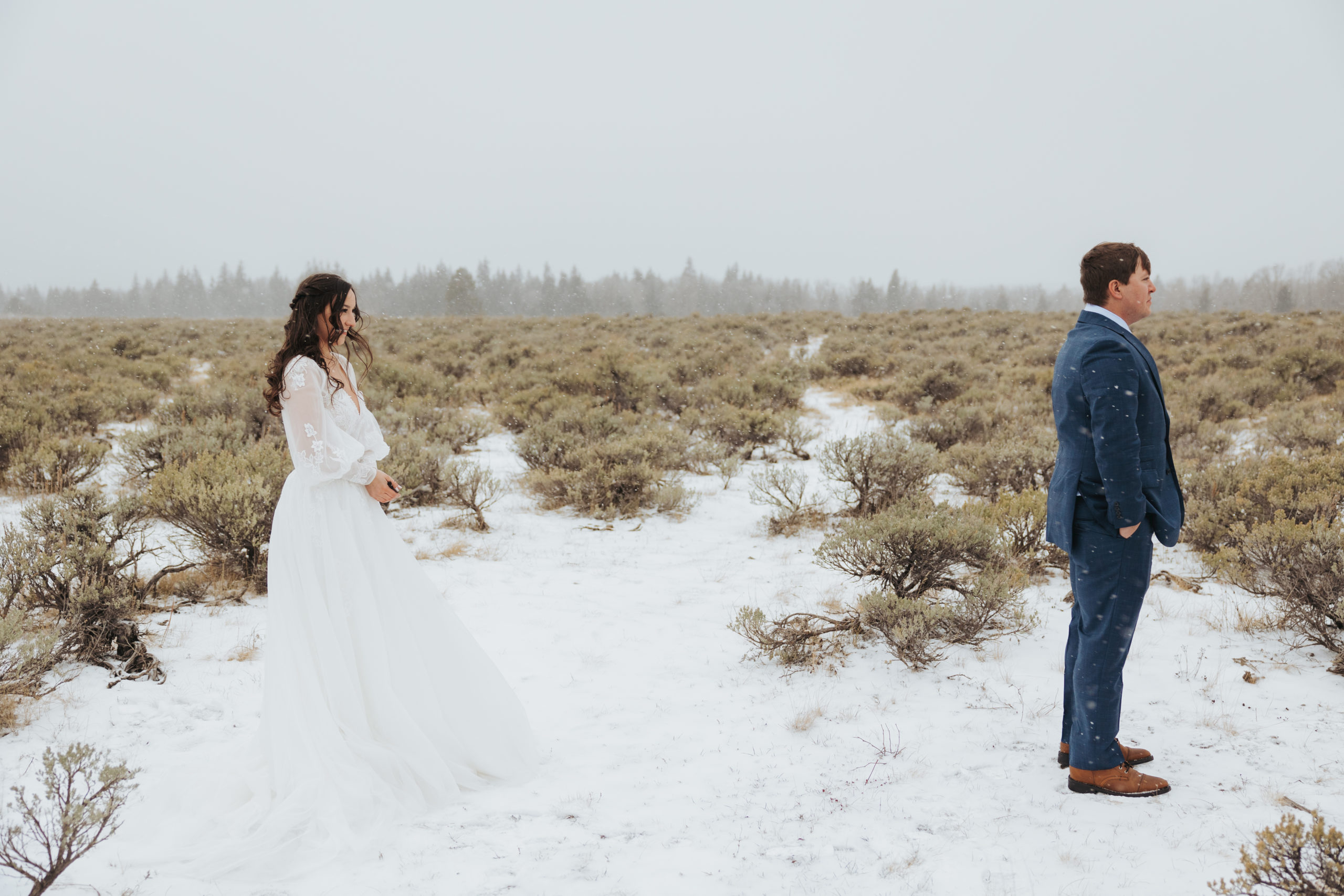 bride and groom first look in grand teton national park 