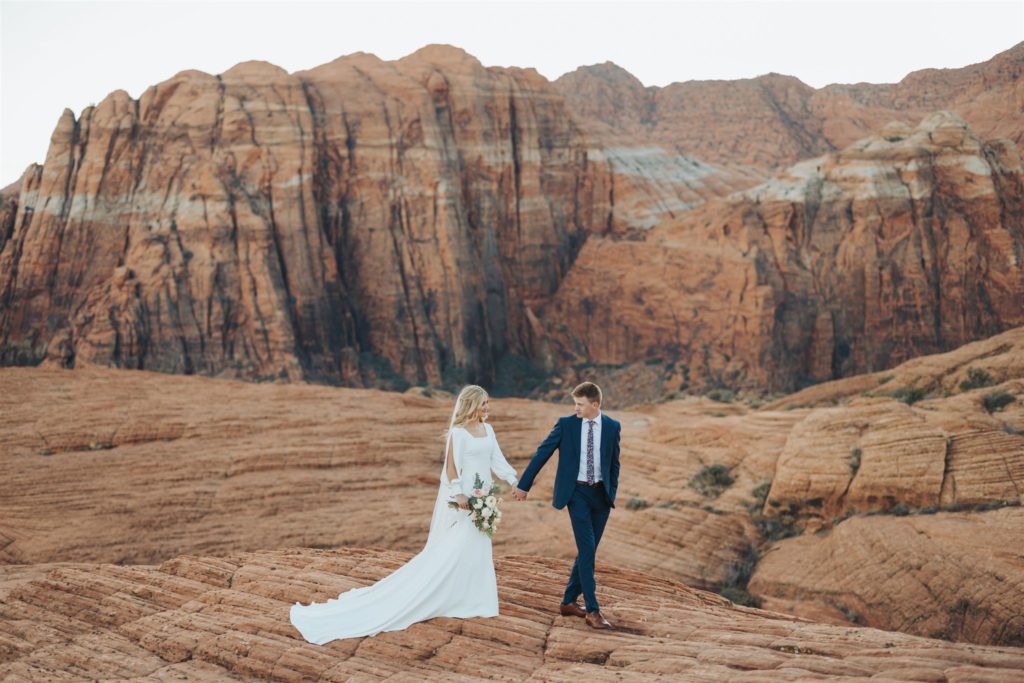 bride and groom elopement portraits during an adventure session at Snow Canyon