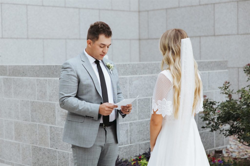 bride and groom exchanging vows at Draper temple wedding sealing in Utah