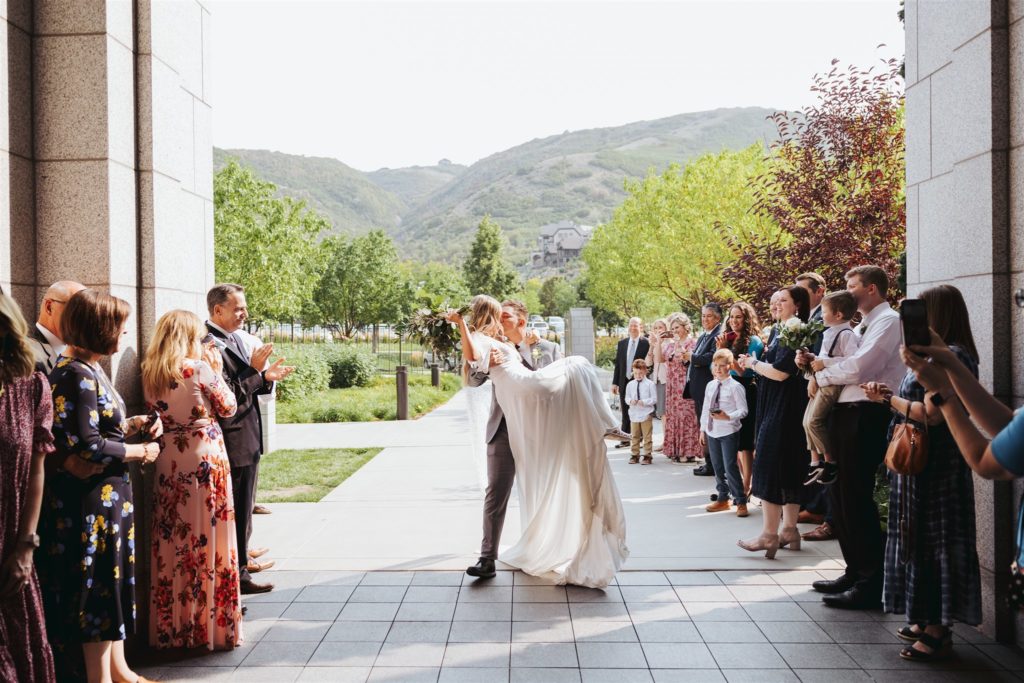 bride and groom temple wedding sealing exit at Draper Temple in Utah