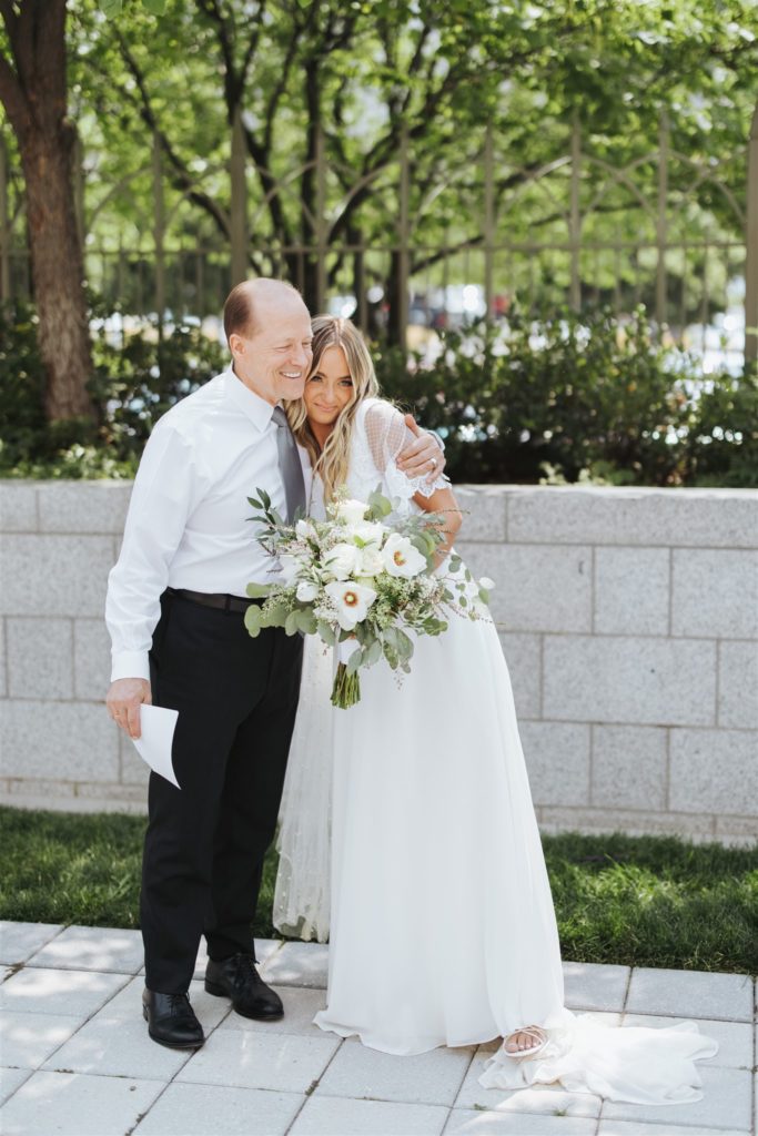 bride first look with father  at Draper Temple in Utah