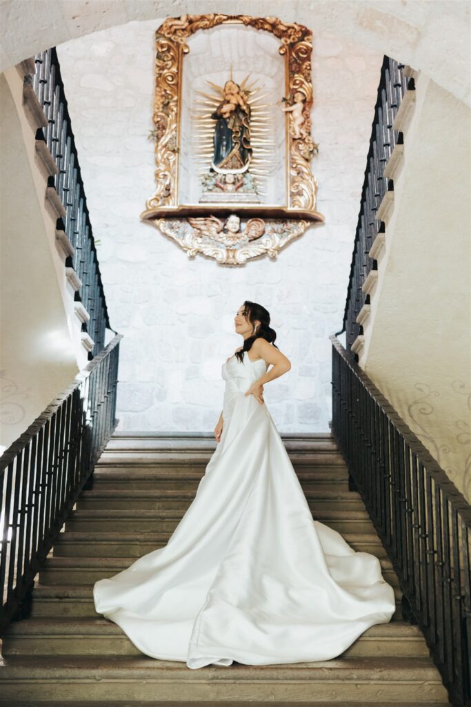 bride wedding portrait on the stairs in morelia mexico