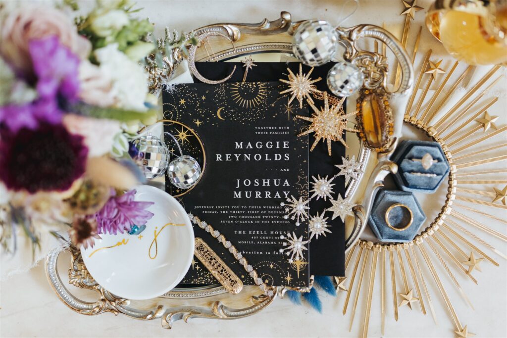 new years eve wedding invitation and details at the Ezell House in Downtown Mobile Alabama