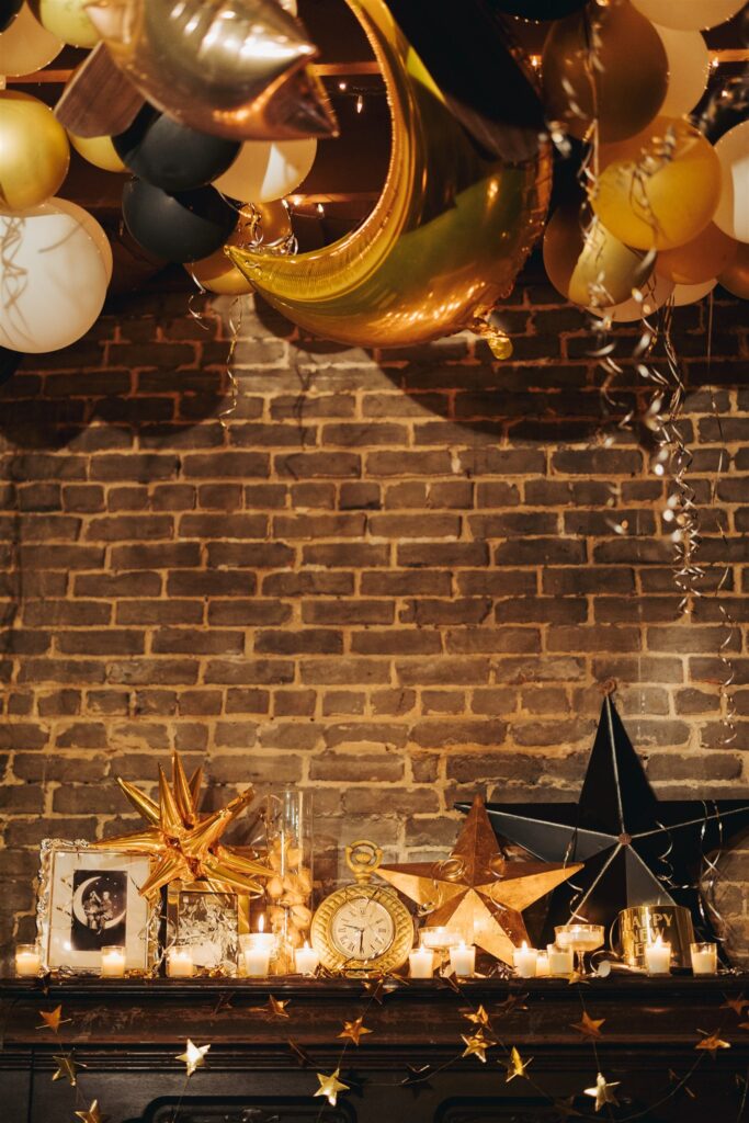 new years eve wedding reception balloons with discos and sparklers