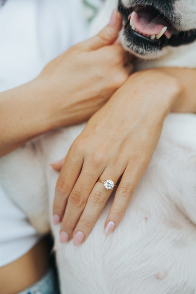 engagement ring on womans hand with dog