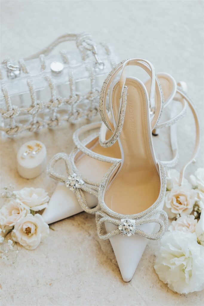 White and light pink wedding details with sparkle shoes for los cabos luxury wedding