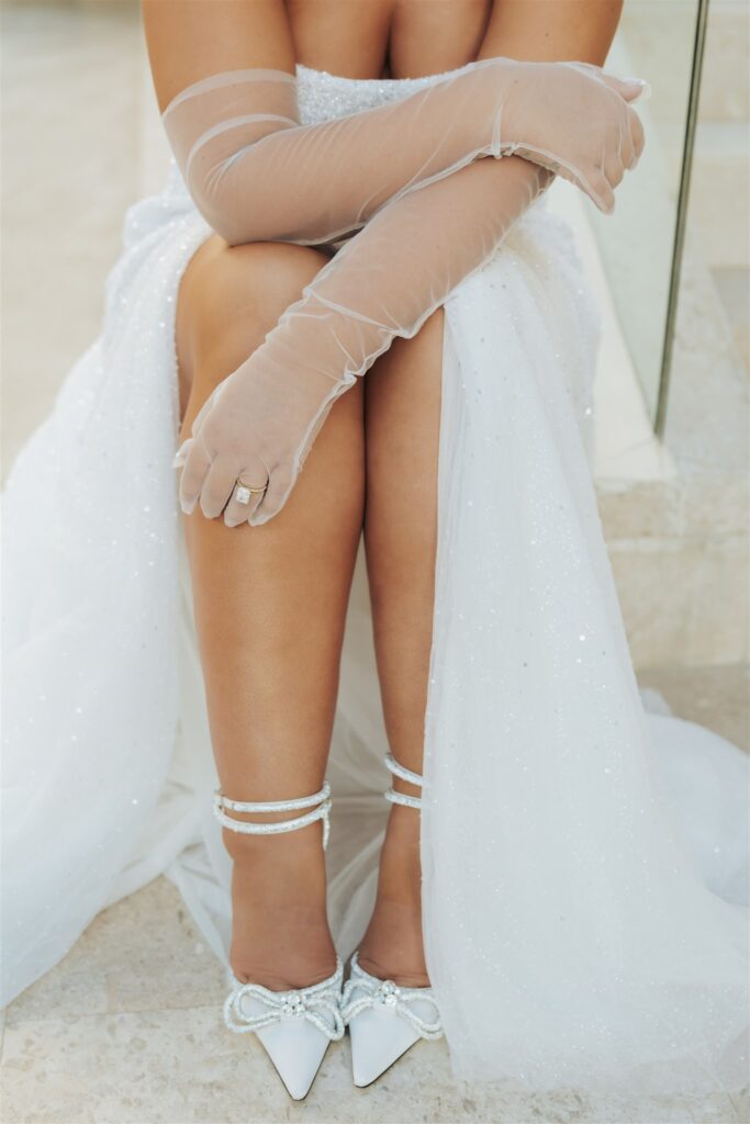 bride ring and sparkle shoes with mesh gloves