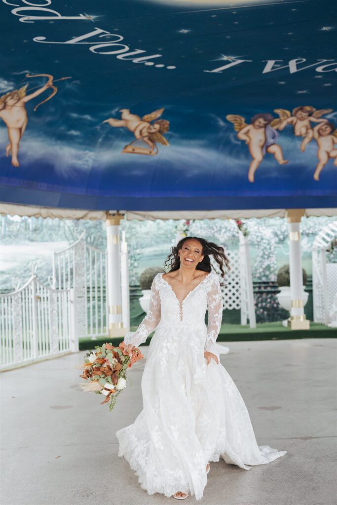 bride under awning at las vegas little white chapel